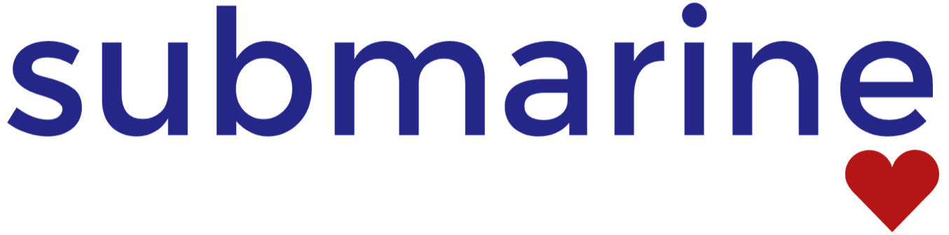 Submarine logo blue text with red heart